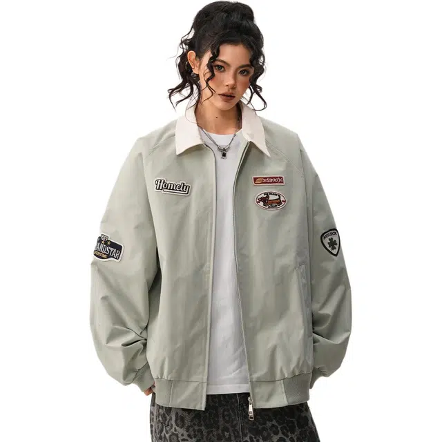 木清清 美式翻领宽松休闲百搭学院风夹克外套 女款