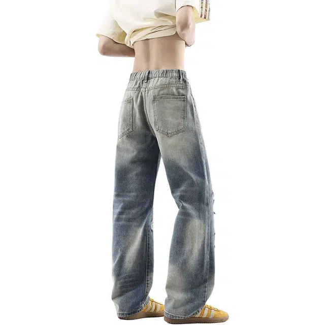 单爵 美式宽松破洞薄款直筒牛仔裤 男女同款