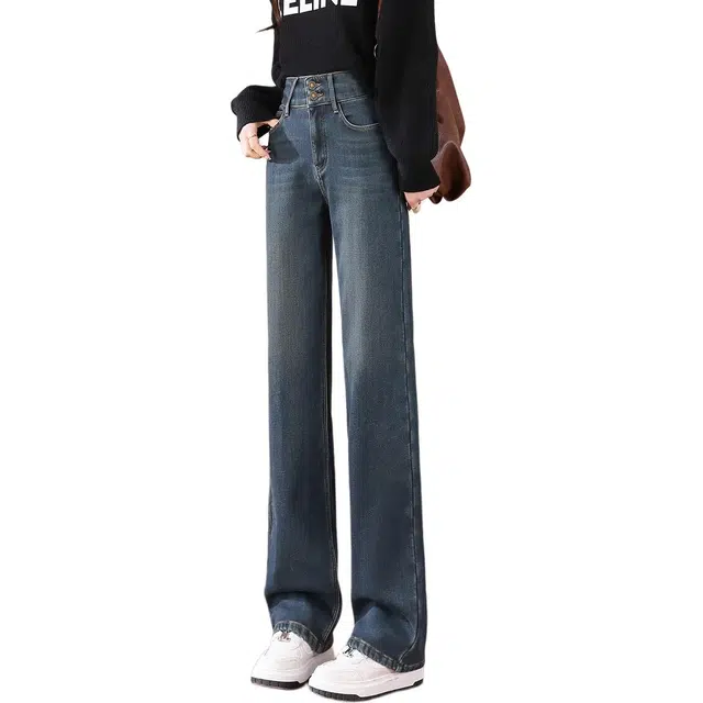 惟熙 加绒加厚弹力高腰窄版阔腿拖地长裤牛仔裤 女款 复古蓝