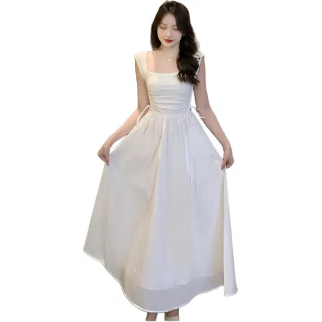 沐晓欣 法式名媛高腰方领拼接针织长款无袖连衣裙 女款