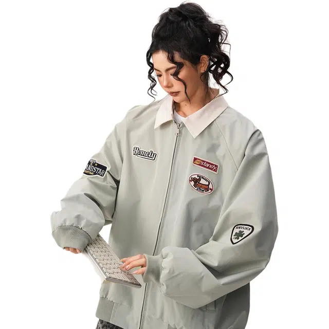 木清清 美式翻领宽松休闲百搭学院风夹克外套 女款