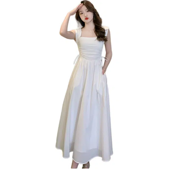 沐晓欣 法式名媛高腰方领拼接针织长款无袖连衣裙 女款