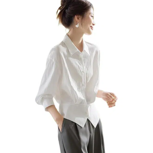 沫晗依美 设计感收腰简约纯色长袖衬衫 女款