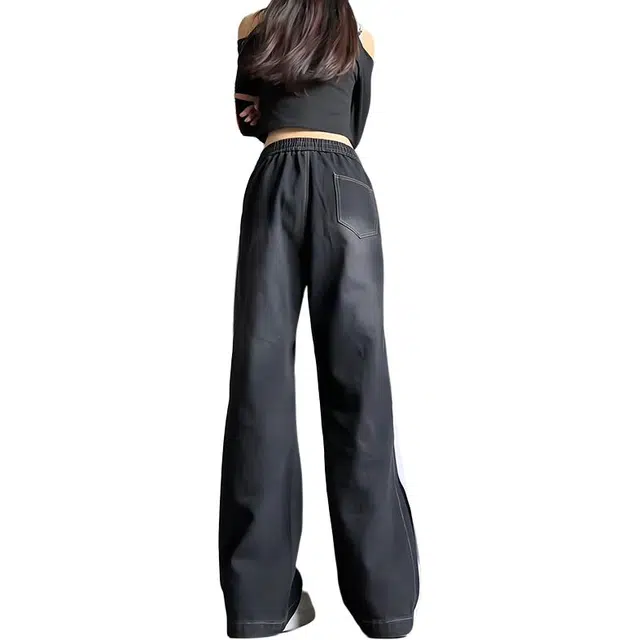 左岸 美式复古潮流条纹渐变简约松紧抽绳宽松时尚休闲百搭高级感显瘦显高日常通勤户外活动牛仔裤 男女同款