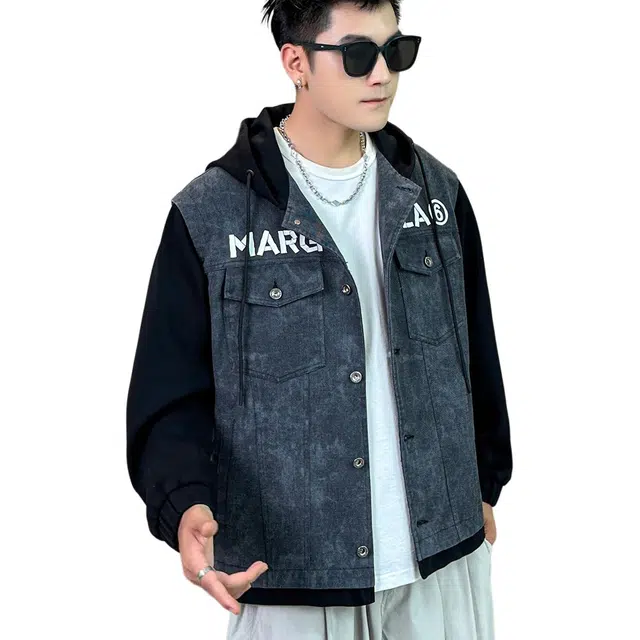 大白鲨 牛仔潮流休闲宽松帅气百搭假两件连帽洗水夹克外套 男款