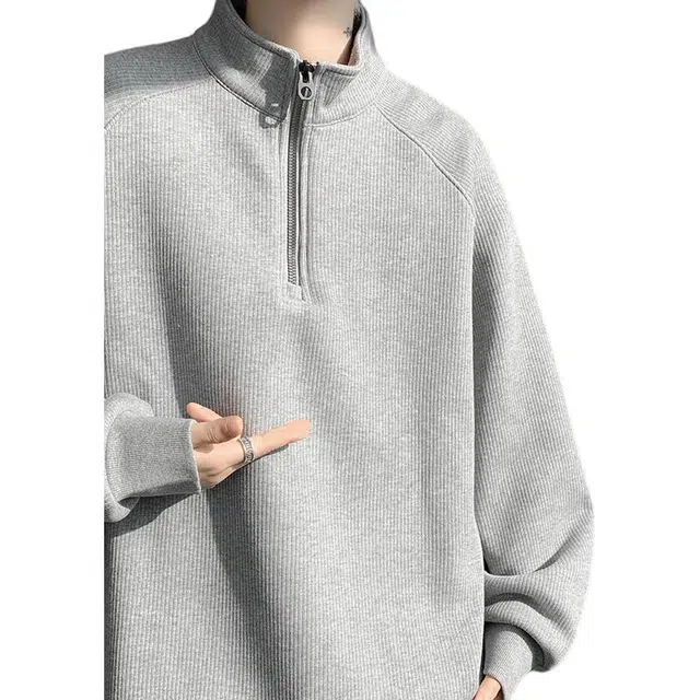 袋鼠 秋季基础款松弛感纯色通勤百搭高级感条纹肌理立领拉链长袖卫衣 男女同款