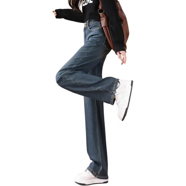 惟熙 加绒加厚弹力高腰窄版阔腿拖地长裤牛仔裤 女款 复古蓝