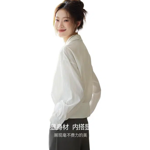 沫晗依美 设计感收腰简约纯色长袖衬衫 女款