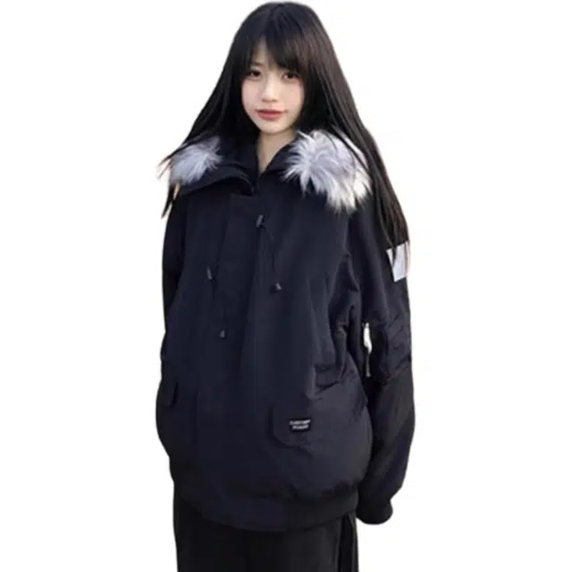 黑马漫画 美式复古毛领款冬季加厚保暖派克服潮牌短款棉服 男女同款