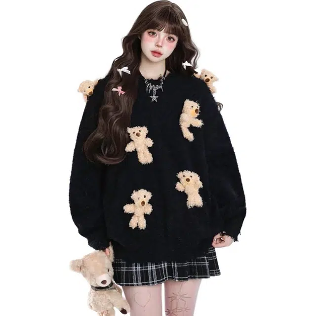 识恩 慵懒美式复古小熊玩偶风宽松套头长袖针织衫 女款