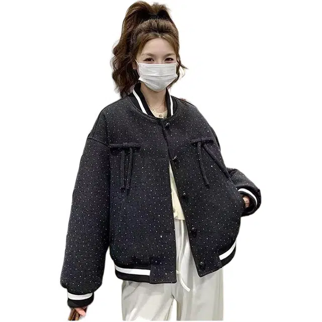 邓大喵 韩系学院风女短款春秋设计感亮钻宽松夹克外套棒球服 女款