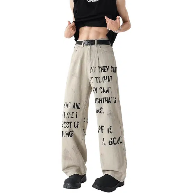 一碗士多 百搭气质小众美式复古文艺风慵懒感简约主义涂鸦设计宽松舒适痞帅垂感拖地阔腿直筒牛仔裤 男女同款