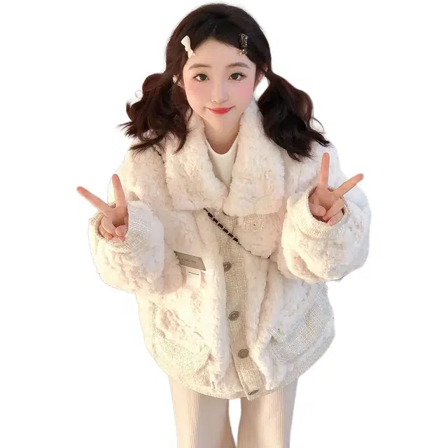 邓大喵 小香风仿羊羔毛外套女秋冬季百搭拼接小个子夹棉加厚宽松上衣皮草 女款