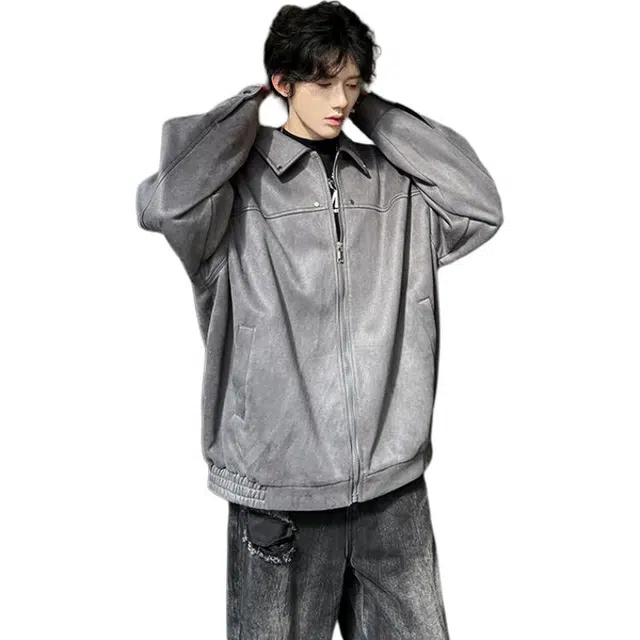 袋鼠 秋冬美式简约基础百搭小众高级时尚男麂皮绒男装外套机车上衣夹克 男女同款