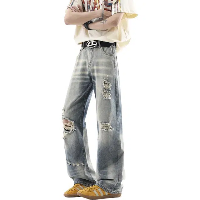 单爵 美式宽松破洞薄款直筒牛仔裤 男女同款