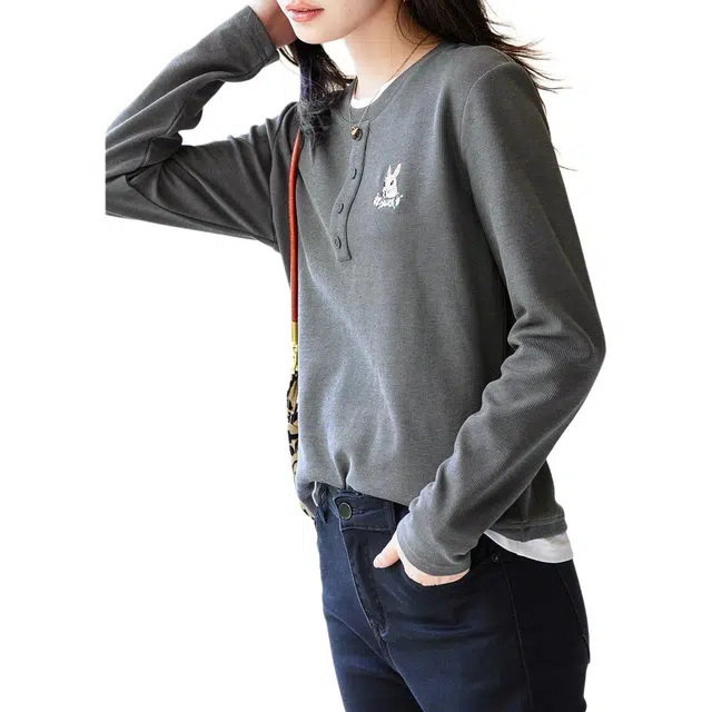 【dme】 胸前卡通动漫图案假两件长袖针织衫 女款 深灰