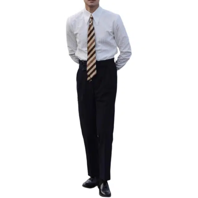 大格子与黑猫 意式儒雅长尖领扣领抗皱修身文艺欧美雅痞有型泡泡纱长袖条纹衬衫 男款