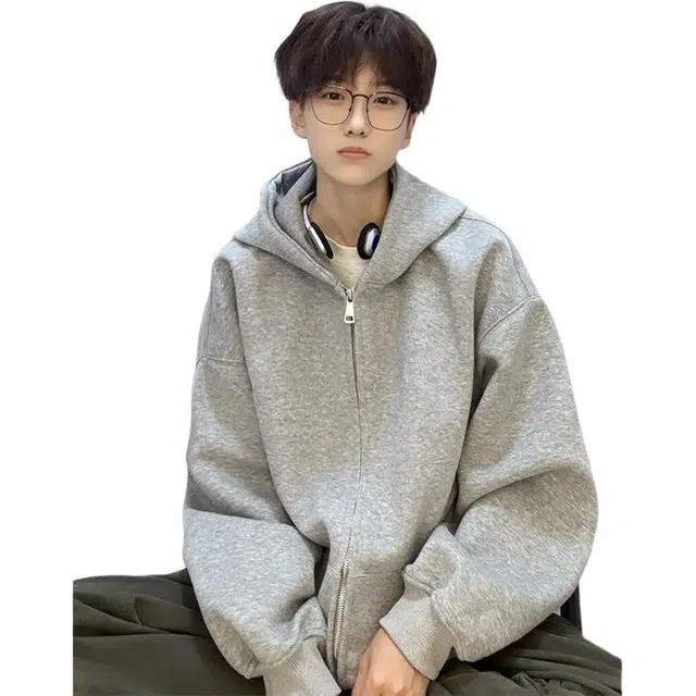 单爵 美式重磅双拉链开衫男纯色百搭连帽卫衣 男女同款