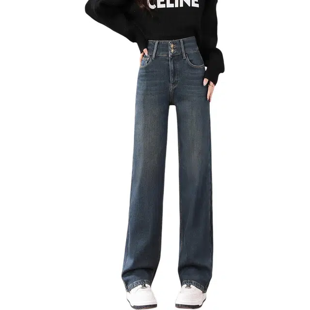 惟熙 加绒加厚弹力高腰窄版阔腿拖地长裤牛仔裤 女款 复古蓝