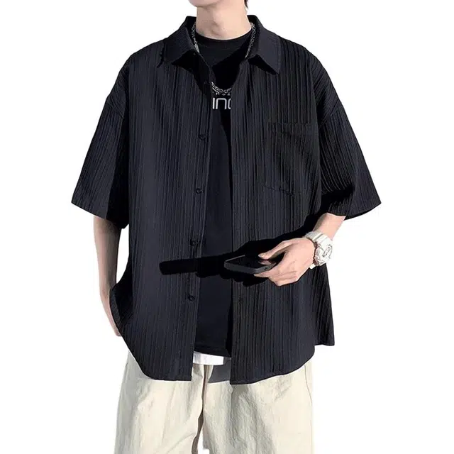 加荣 短袖透气休闲速干薄款潮牌痞帅七分巴洛克服外套衬衫 男女同款
