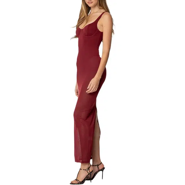edikted Mesh Built In Bodysuit Maxi Dress V