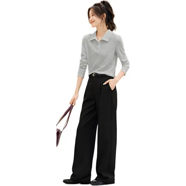 沫晗依美 针织纯色常规长袖翻领休闲日常便服宽松腰衬衫 女款