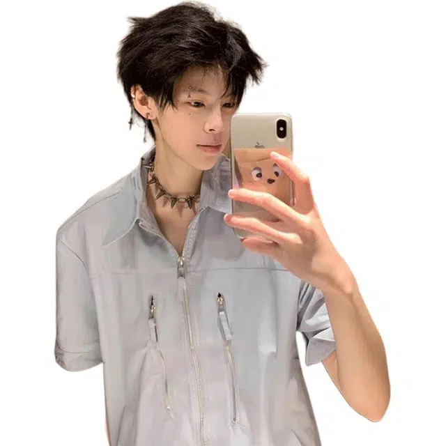 单爵 双拉链垫肩高级感痞帅潮牌工装薄款夏季短袖衬衫 男女同款