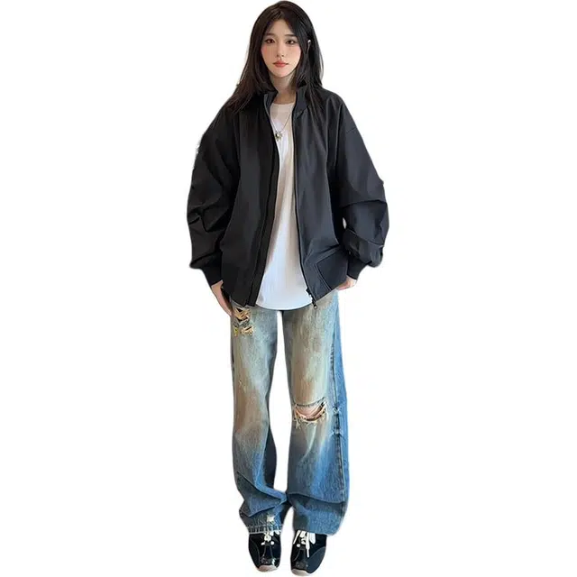 黑马漫画 美式廓形短款外套男秋季潮牌飞行员夹克 男女同款