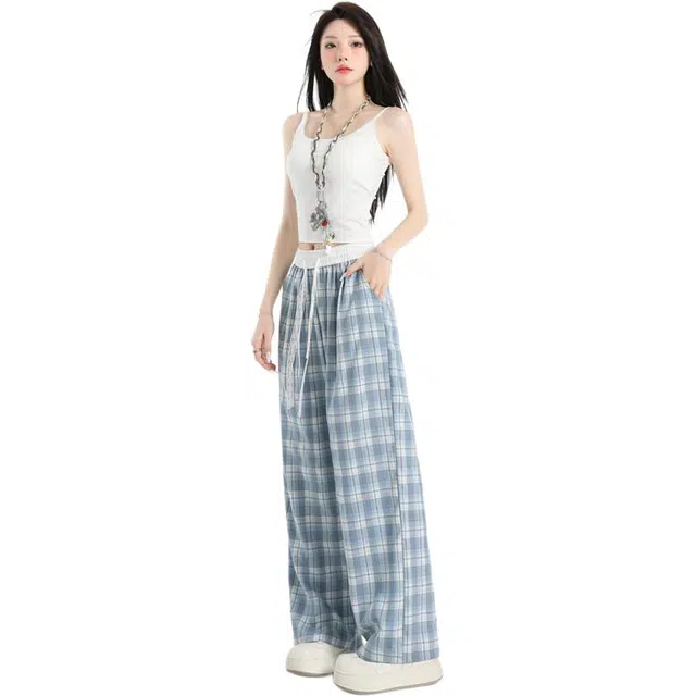 玫丝朵 美式新潮简约纹格设计松紧高腰宽松阔腿休闲裤 女款