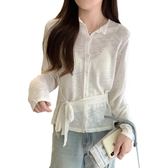 水中花 夏季韩版单排扣气质绑带竹节麻防晒开衫外搭针织衫 女款
