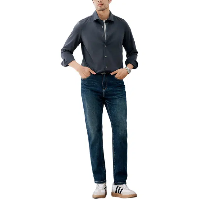 丹宁哲学 舒适四面弹针织面料纯色长袖温莎领标准衬衫 男款