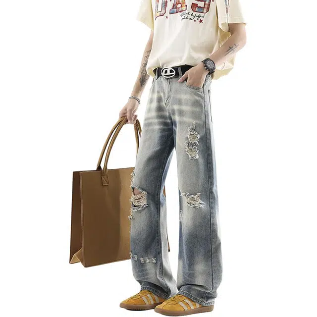 单爵 美式宽松破洞薄款直筒牛仔裤 男女同款