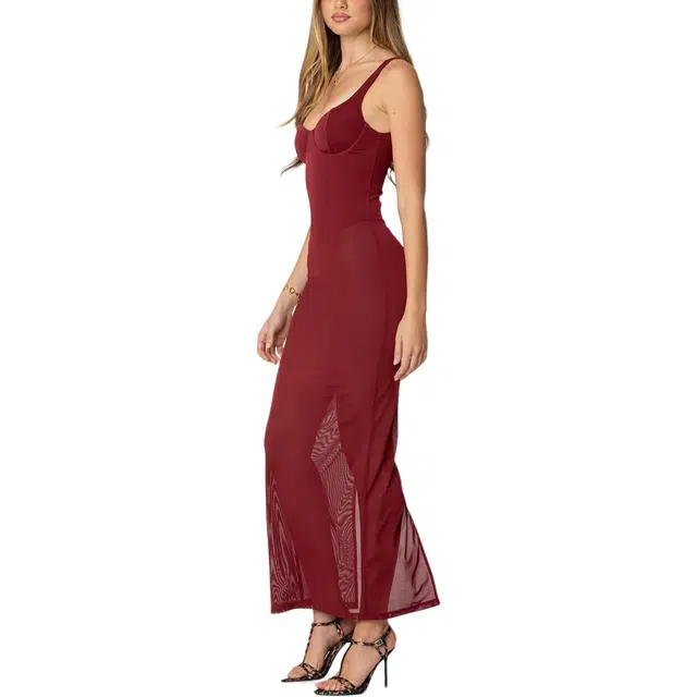 edikted Mesh Built In Bodysuit Maxi Dress V