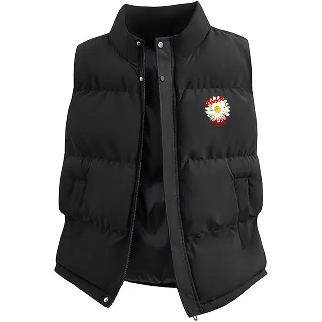 图兰朵 美式高街潮流向日葵复古简约字母印花休闲运动宽松百搭外穿舒适加厚保暖无袖坎肩立领外套棉马甲 男女同款