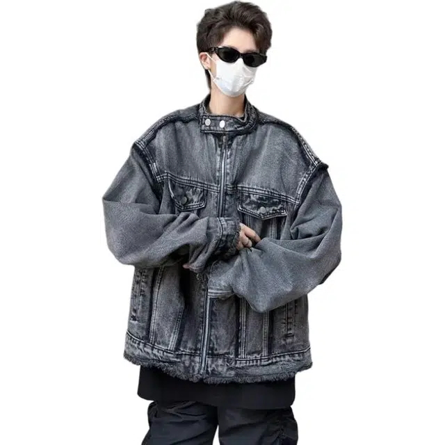 袋鼠 美式复古设计款通勤基础款牛仔外套潮牌水洗做旧宽松垫肩夹克 男女同款