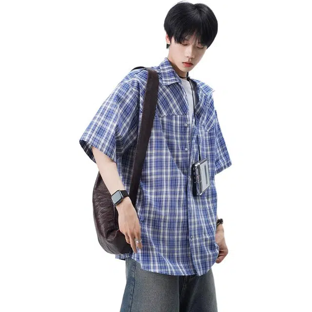 拾个壹先生 美式格纹宽松慵懒风百搭休闲学院风衬衫 男女同款