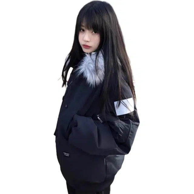 黑马漫画 美式复古毛领款冬季加厚保暖派克服潮牌短款棉服 男女同款