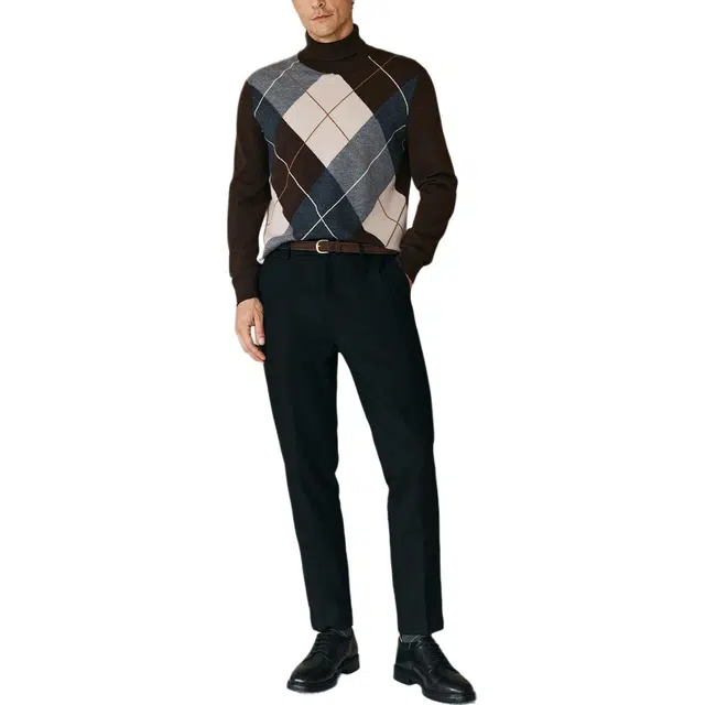 丹宁哲学 塔斯马尼亚羊毛菱形格提花冬季常规长袖可翻高领套头针织衫 男款