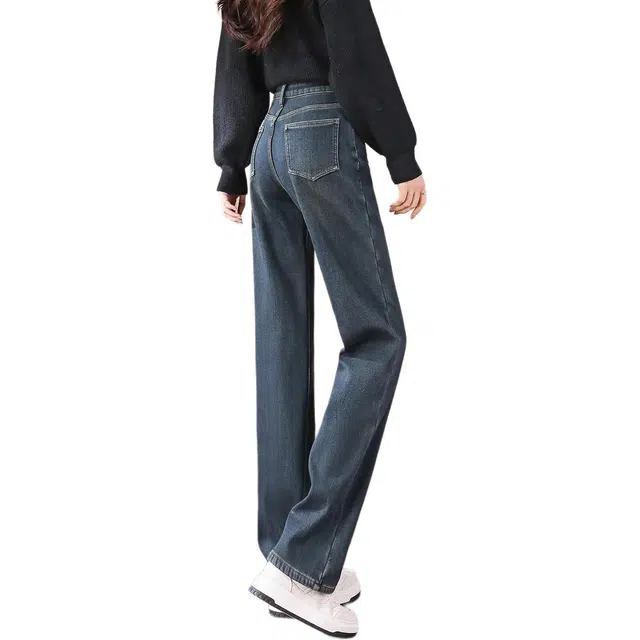 惟熙 加绒加厚弹力高腰窄版阔腿拖地长裤牛仔裤 女款 复古蓝