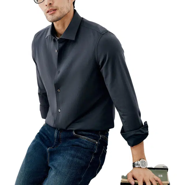 丹宁哲学 舒适四面弹针织面料纯色长袖温莎领标准衬衫 男款