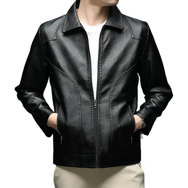 卡丹狄诺 美式复古机车风纯色防风翻领简约时尚潮流百搭休闲皮衣夹克外套 男款