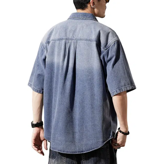 贵色 男士舒适翻领时尚百搭潮流日系潮牌衬衣男美式复古垂感渐变水洗工装牛仔短袖衬衫 男女同款