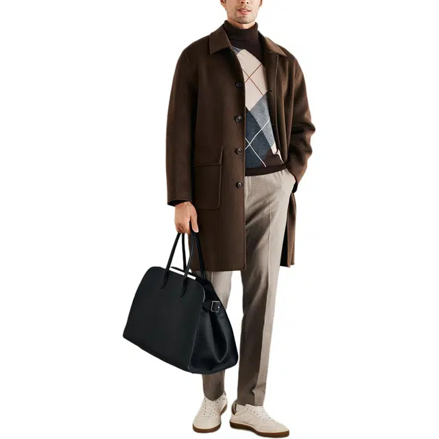 丹宁哲学 厚实纯羊毛双面呢纯色常规长袖翻领大衣 男款