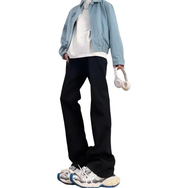 八哥 美式复古高街废土风基础款弯刀弹力阔腿垂感百搭高级感运动舒适柔软个性简约微喇牛仔裤 男女同款