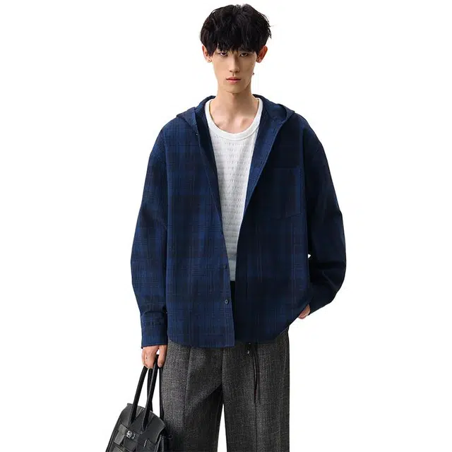 冈哉 美式潮流复古个性痞帅连帽解构高级感学院风日常通勤柔软舒适亲肤清爽透气叠穿休闲百搭上衣衬衫 男女同款