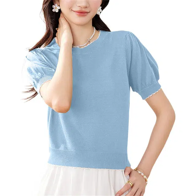 莫代尔 小香风甜美日系短款短袖上衣女针织衫 女款
