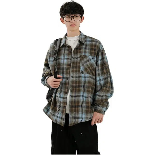 颂希尔 美式复古港风秋季时尚潮流百搭长袖衬衣潮牌休闲上衣衬衫 男女同款