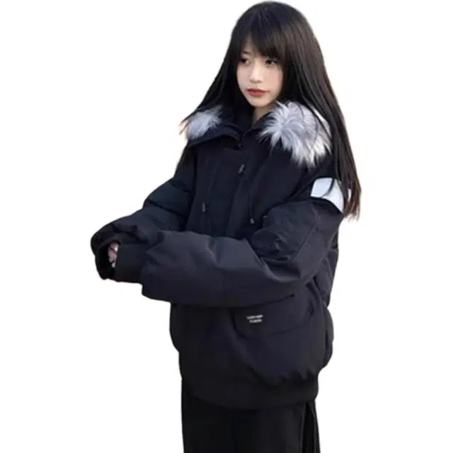 黑马漫画 美式复古毛领款冬季加厚保暖派克服潮牌短款棉服 男女同款