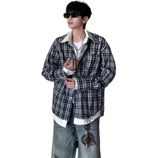 佐菲利 假两件美式格子设计感宽松百搭休闲情侣衬衣外套衬衫 男女同款