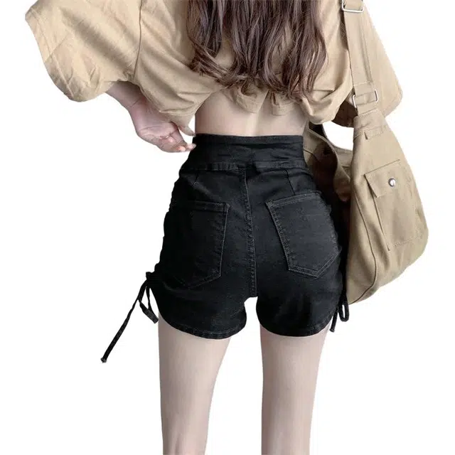 玄唐 高腰抽绳设计感韩版修身系带牛仔短裤 女款